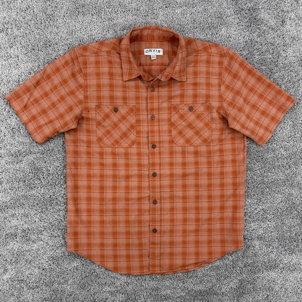 Orvis Tech Chambray Shirt Mens M Plaid Short Sleeve Button Down Fishing Outdoors
